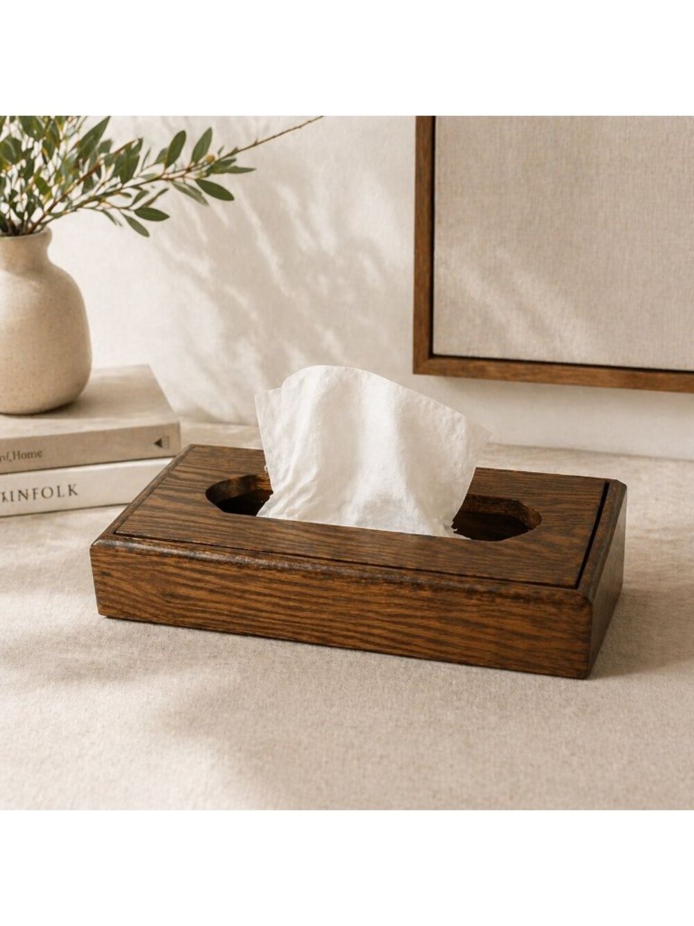 Wood Tissue Box Cover Oak Rectangle VTG Holder Rustic Farmhouse Home Decor Case